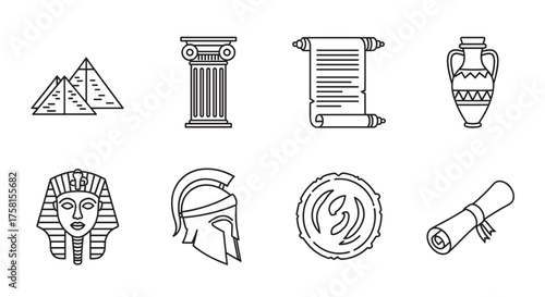 Black outline icons depicting pyramids, a column, ancient scrolls, an amphora, pharaoh's mask, a greek helmet, a shield, and a rolled parchment.