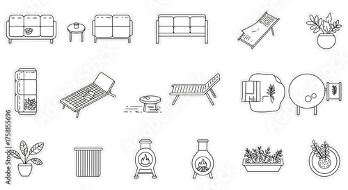outdoor furniture icons set minimalistic designs of patio decor for modern home garden creating inviting space perfect for landscaping design projects