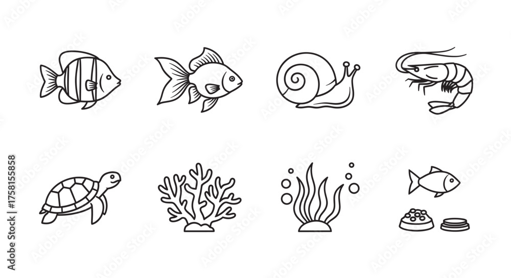 Fototapeta premium Black outline vector icons of aquatic creatures and elements, featuring fish, a snail, a shrimp, a turtle, coral, seaweed, and pet food.
