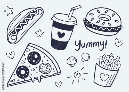 A Playful Sketch Of Various Fast Food Items Expressing A Joyful Yummy Mood