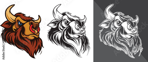 Aggressive Bull Head Mascot Vector Illustration in Color Black and White Styles for Sports Logos Tattoos and Branding Design with Powerful Animal Expression and Detailed Horn Artwork