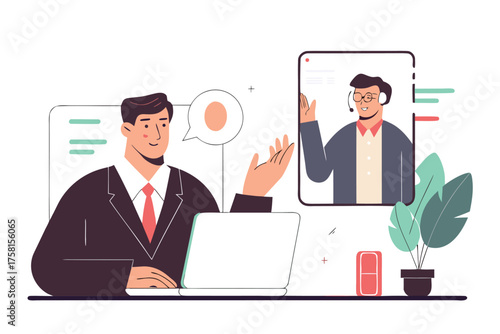 Man in a video call vector illustration of online communication remote work and virtual meeting