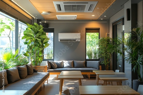 Air conditioning system controlling temperature in a room, with cold and heat options on the ceiling or wall in an apartment, hotel, or restaurant, ensuring comfort in the environment, Generative AI