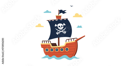 A charming pirate ship with a skull and crossbones flag sails on the ocean with colorful clouds above.