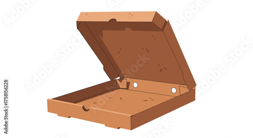 An empty opened cardboard pizza box ready for delicious food delivery or takeout to enjoy.