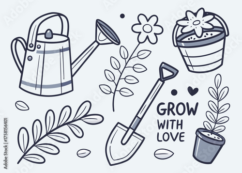 Garden Tools And Plants In A Decorative Line Art Style Promoting Growth