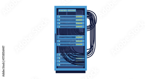 High performance network server rack with many blinking lights and connected cables on a white background.