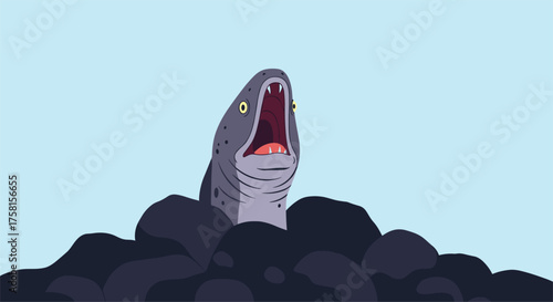 A dark moray eel with its mouth wide open emerges from the rocky sea floor.