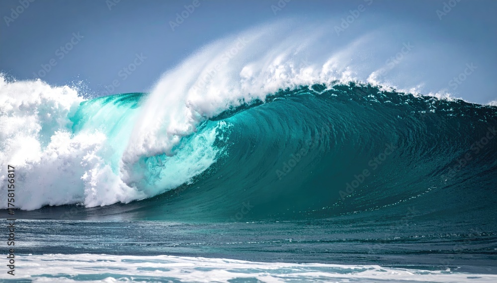 Obraz premium Turquoise ocean wave cresting with white foam under a clear blue sky capturing the raw power of the sea in a tropical setting during daylight
