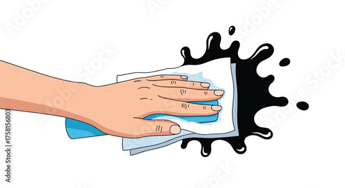 Cleaning a black liquid spill with a white cloth and a hand.