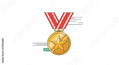 A golden medal with a red ribbon hangs suspended with streaks indicating rapid motion.