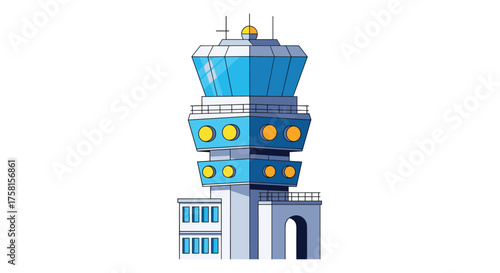 A futuristic air traffic control tower with a distinctive crown-like top and circular windows.