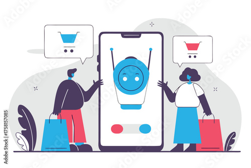 People using a shopping app with a chatbot flat vector illustration for e-commerce and online retail isolated on white background