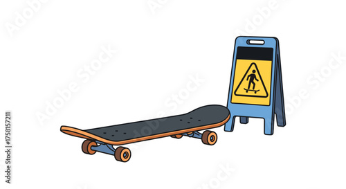 Skateboard placed precariously near a wet floor caution sign.