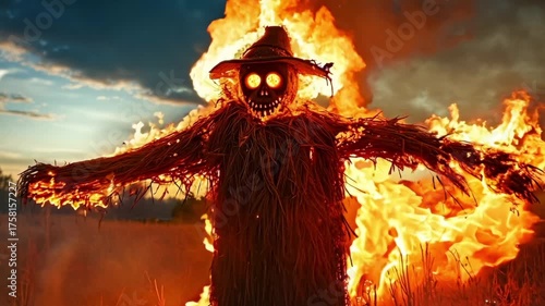 A scarecrow in a field of fire with a hat on