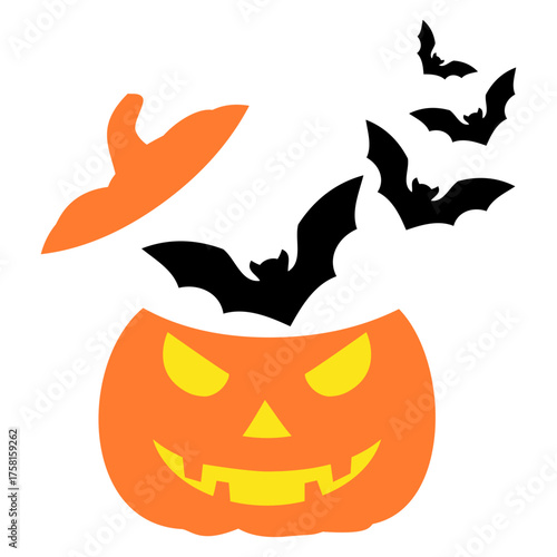 Murciélagos volando saliendo de una calabaza de Halloween para su uso en felicitaciones y tarjetas