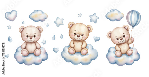 Cute nursery teddy bear illustration with clouds and stars. Baby bear watercolor art for kids room and birthday decor.
