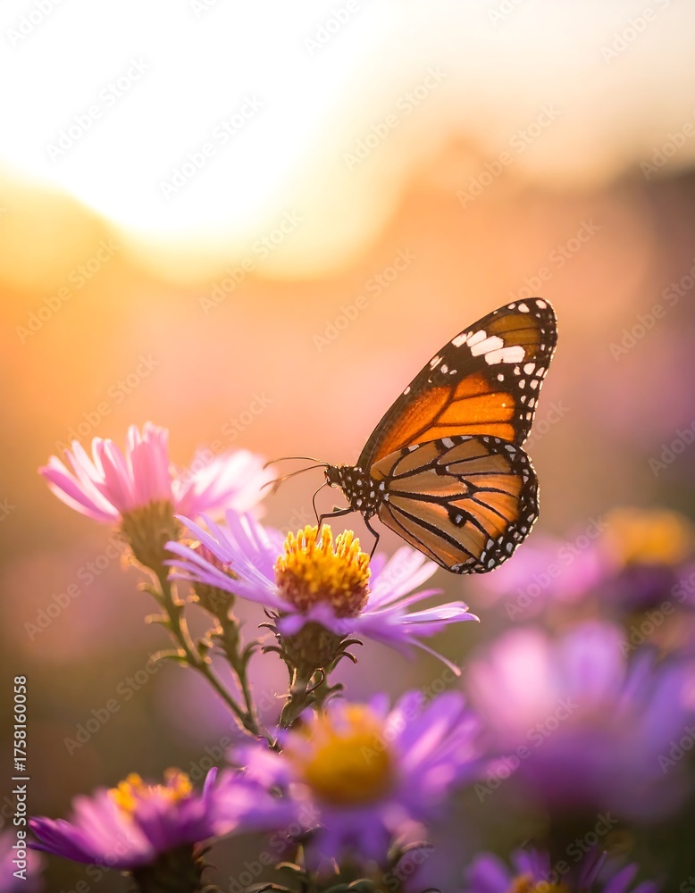 Obraz premium Close-up of an orange and black butterfly perched on a purple flower, backlit by a warm, golden sunset. Soft focus in the background