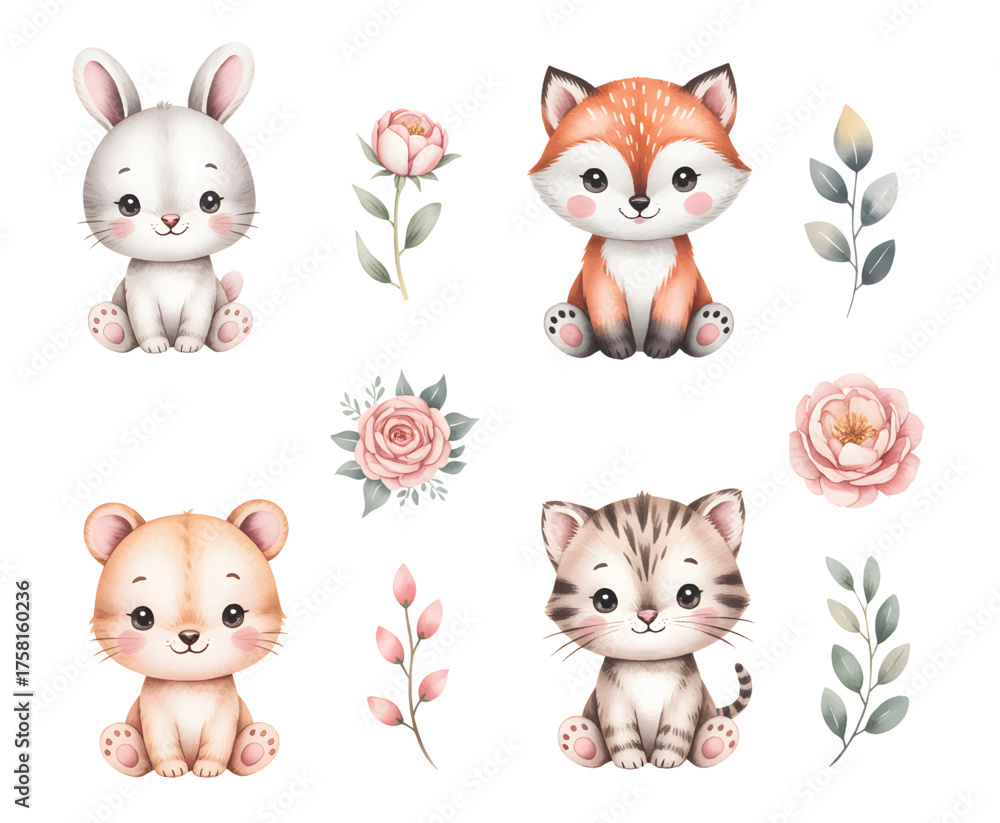 Fototapeta premium Watercolor woodland babies with soft floral accents. Cute baby animals and botanical elements illustration