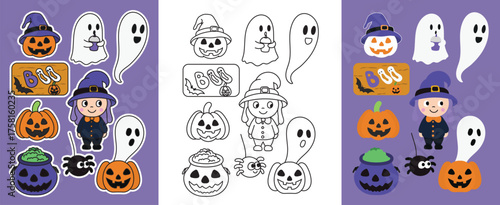 Halloween Fun Stickers with Ghosts, Pumpkins, and Witch
