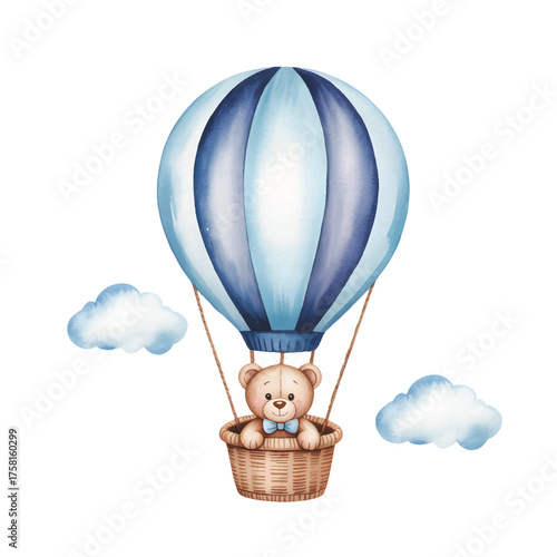 
Watercolor teddy in a blue hot air balloon with clouds. Cute nursery hot air balloon illustration with teddy bear.
