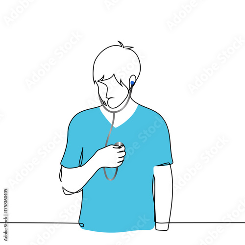 male doctor checking himself with a stethoscope - one line art vector. Self-examination or medical checkup. Self-medication, a metaphor for self-reflection.