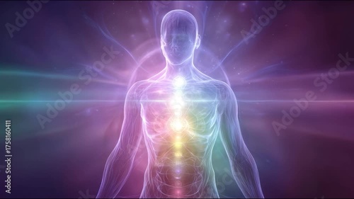  Scientific style video of human energy aura, detailed visualization of chakras and color layers, electromagnetic field around body