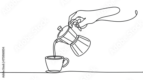 Minimalist line drawing of hand pouring espresso from stovetop maker into cup, elegant coffee silhouette for lifestyle, kitchen, or café themes