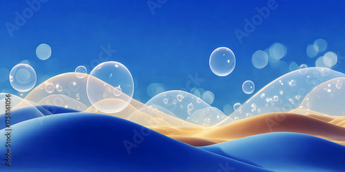 Abstract Blue and Sand Dunes Landscape Background with Floating Clear Soap Bubbles