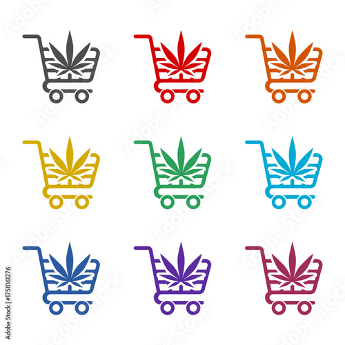Shopping cart with cannabis icon isolated on white background. Set icons colorful
