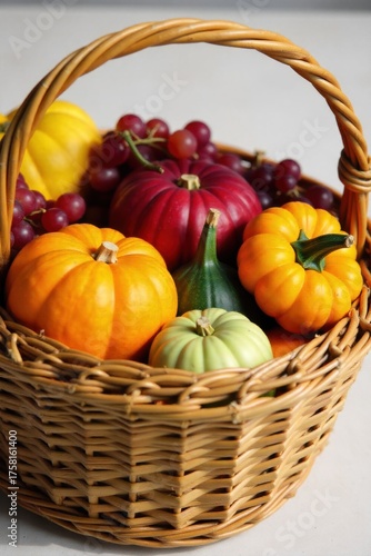 Wallpaper Mural Bountiful Harvest Basket A close up, overhead view of a rustic woven basket overflowing with a colorful assortment of fresh autumn produce. Include pumpkins, various types of squash, ripe apples, Torontodigital.ca