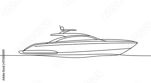 Minimalist continuous line drawing of modern yacht in profile, sleek nautical silhouette emphasizing elegance, travel, and marine design