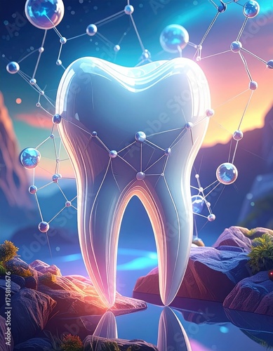 Innovative digital illustration of a tooth surrounded by molecular bonds in futuristic dentistry concept