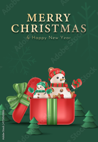 Snowman wearing a scarf inside an open gift box ready to welcome Christmas. Merry Christmas Card Design Vector Illustration 