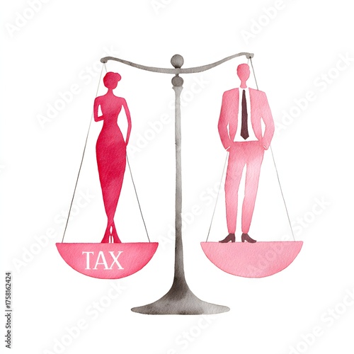 Watercolor pink tax illustration with woman and man figures on balance scale, emphasizing gender-based cost inequality, on white background