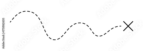 Old pirate treasure map. Dashed line and X sign on map. Path to treasure and gold location. Old pirate letter. Vector illustration isolated on white background.