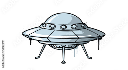 A retro pixel art illustration of a classic flying saucer with four landing legs.