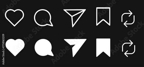 Like, Repost, comment share save vector icon set. Site navigation symbol. Social media web linear sign 