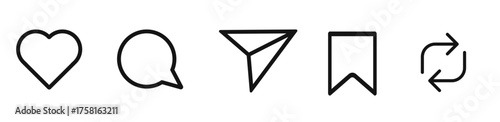 Like, Repost, comment share save vector icon set. Site navigation symbol. Social media web linear sign 