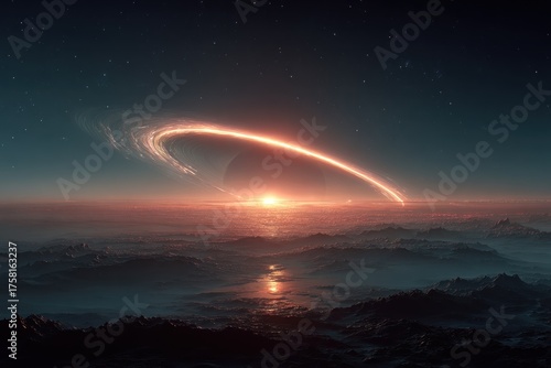 Alien Planet Sunrise with Ringed System