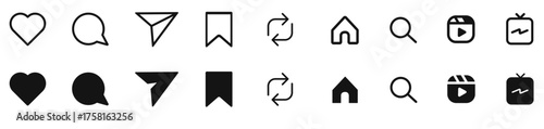 Like, Repost, comment share save, IGTV, home, search vector icon set. Site navigation symbol. Social media web linear sign
