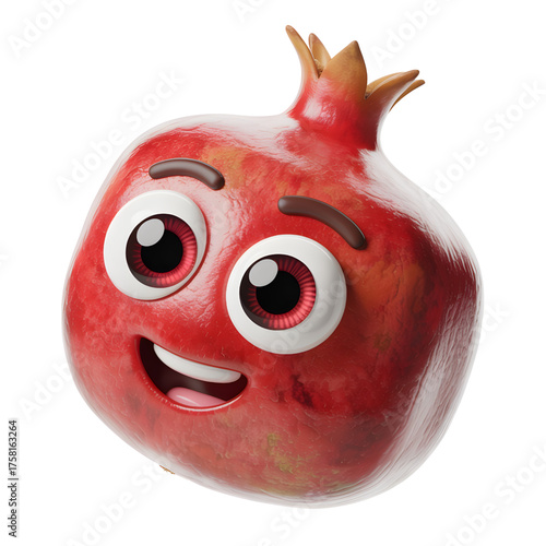 Cartoon pomegranate character with big eyes a fun 3D render for childrens books and educational materials isolated on white