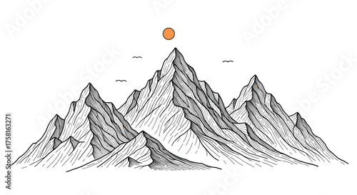 Majestic mountain peaks pierce the sky beneath a radiant sun symbolizing enlightenment.