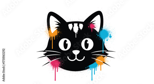 A playful black cat with colorful paint splatters around its head.