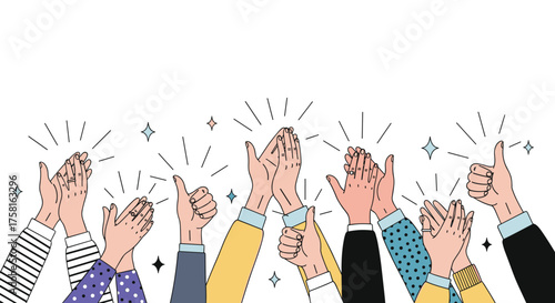 A group of people are shown from the chest up, raising their arms in the air with their hands clapping together.