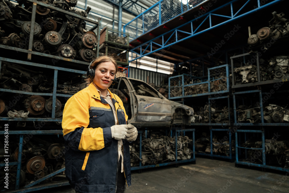 Fototapeta premium Portrait woman Middle east technician or engineer use tablet computer and headphone checking auto part or car part at car part warehouse 