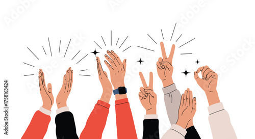 Hands clapping celebrating success and achievement with victory signs.