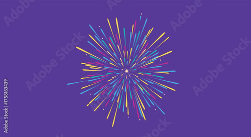 Explosion of vibrant colorful sparks creating a dazzling fireworks display against a purple background.