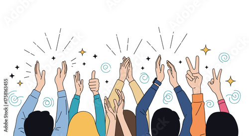 A group of diverse people is clapping their hands and celebrating a special occasion with confetti and sparkles.