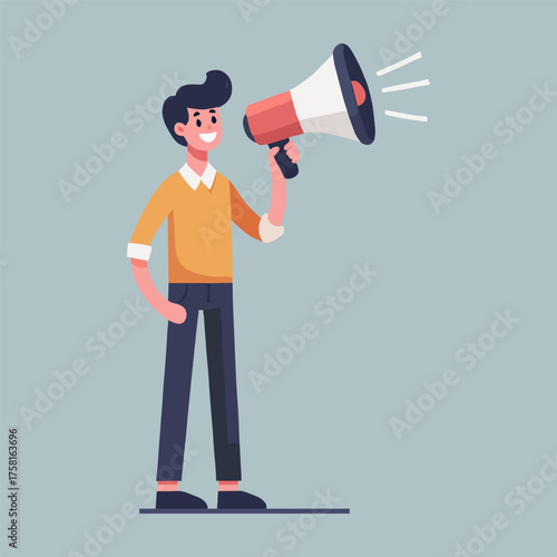Flat illustration of a person standing and speaking giving an announcement through a red megaphone